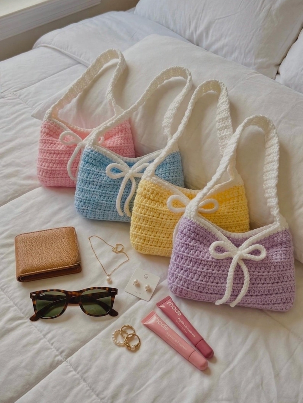 Handmade Crochet Shoulder Bag - Pastel Pink with White Trim